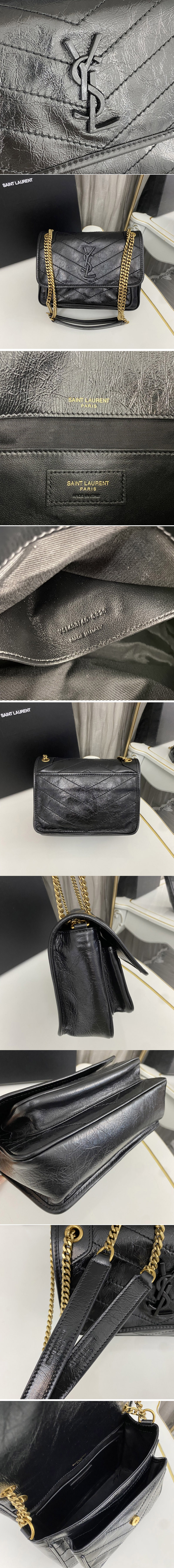 Replica Saint Laurent 633160 YSL niki Baby bag in Black vintage crinkled leather Gold Buckle