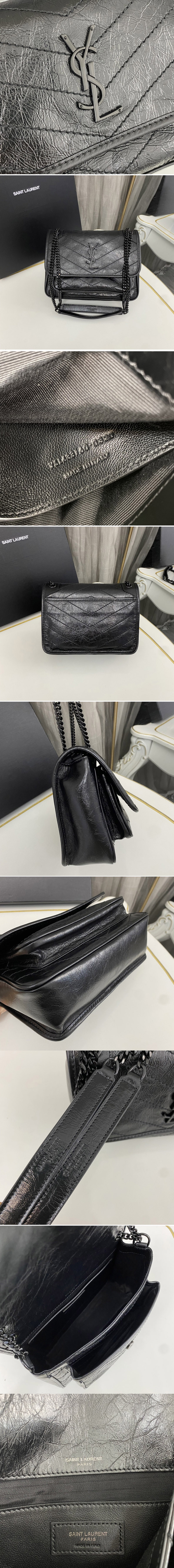 Replica Saint Laurent 633160 YSL niki Baby bag in Black vintage crinkled leather Black Buckle