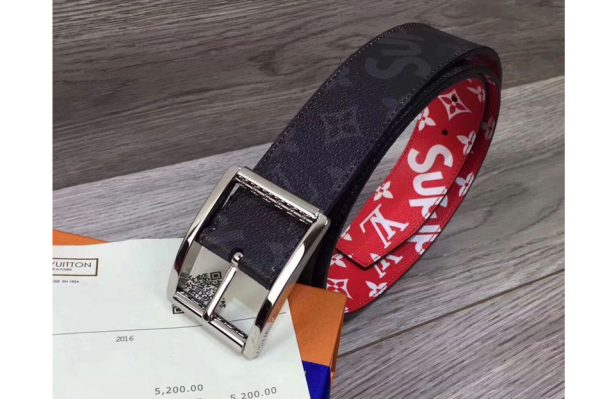 Replica Louis Vuitton Supreme x Monogram LV Reversible Belt Red Silver Buckle