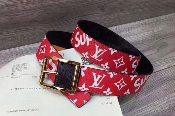 Replica Louis Vuitton Supreme x Red Monogram LV Reversible Belt Gold Buckle