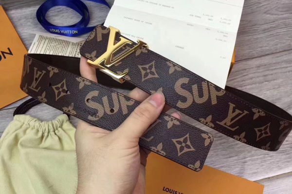 Replica Louis Vuitton Supreme x Monogram LV Belt Gold Buckle Brown