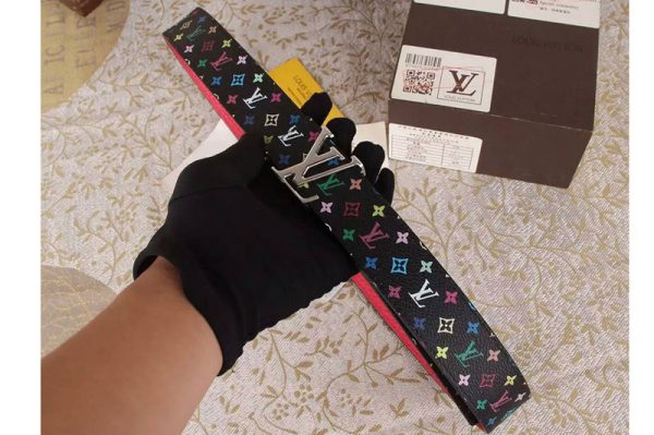 Replica Louis Vuitton Monogram Multicolor Black Belts With Silver Buckle