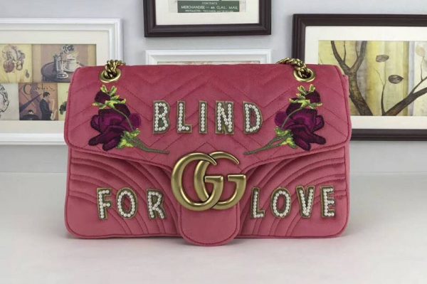 Replica Gucci 443496 Blind For Love GG Marmont Embroidered Velvet Bags Pink