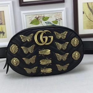 Replica Gucci 491294 GG Marmont animal studs leather belt bags Black