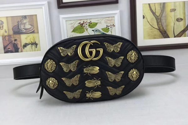 Replica Gucci 491294 GG Marmont animal studs leather belt bags Black