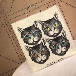 Replica Gucci 484690 4 Cat Print Cotton Canvas Tote Bags White