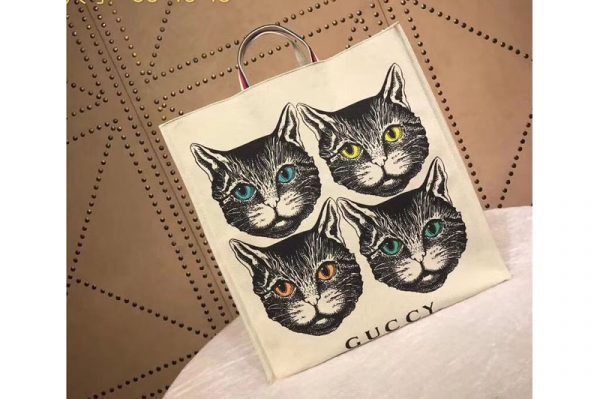 Replica Gucci 484690 4 Cat Print Cotton Canvas Tote Bags White