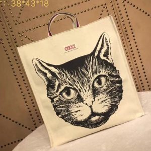 Replica Gucci 484690 Cat Print Cotton Canvas Tote Bags White