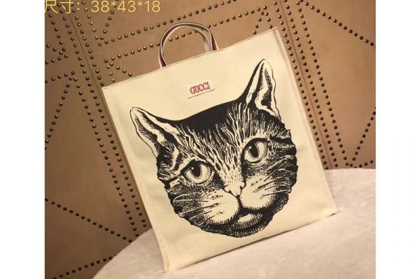 Replica Gucci 484690 Cat Print Cotton Canvas Tote Bags White