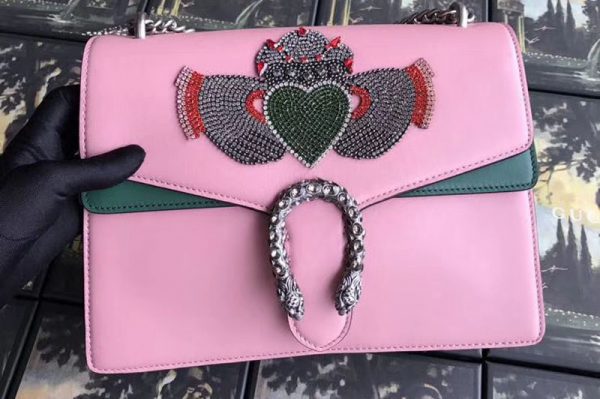 Replica Gucci 403348 Dionysus Embroidered Leather Shoulder Bag Pink/Green