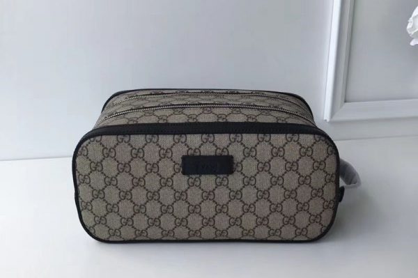 Replica Gucci 406395 GG Supreme Coffee Canvas With Black Leather Toiletry Case