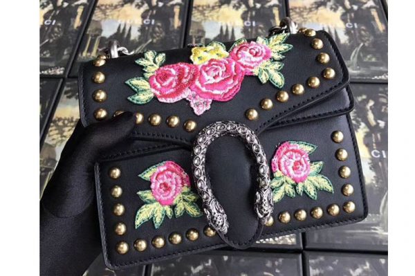 Replica Gucci 421970 Dionysus Blooms Original Leather Shoulder Bag Black