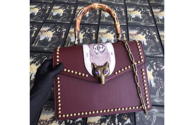 Replica Gucci 466434 Broche Glossy Leather Top Handle Bag Wine