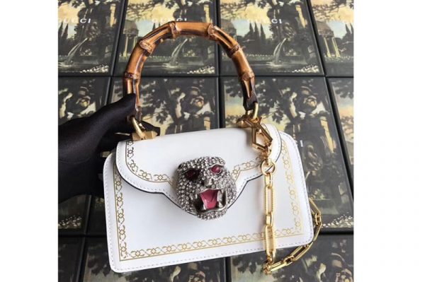 Replica Gucci Frame Print Leather Top Handle Bag 488667 White