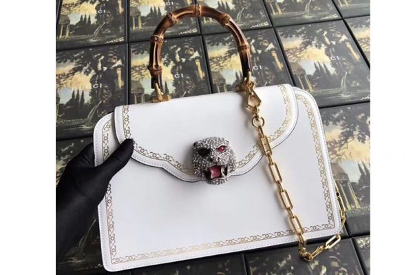 Replica Gucci Frame Print Leather Top Handle Bag White 495881