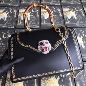 Replica Gucci Frame Print Leather Top Handle Bag Black 495881