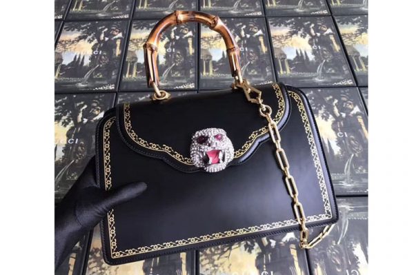 Replica Gucci Frame Print Leather Top Handle Bag Black 495881