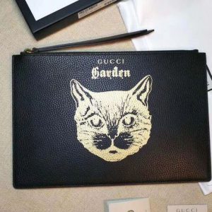 Replica Gucci Garden Cat Print Calfskin Pouch 516928 Black