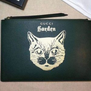 Replica Gucci Garden Cat Print Calfskin Pouch 516928 Green