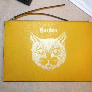 Replica Gucci Garden Cat Print Calfskin Pouch 516928 Yellow