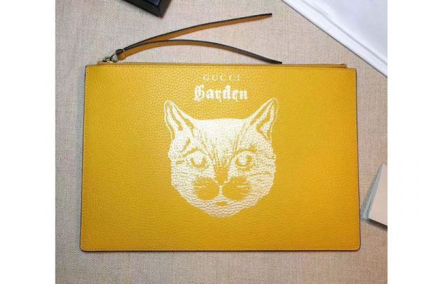 Replica Gucci Garden Cat Print Calfskin Pouch 516928 Yellow