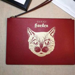 Replica Gucci Garden Cat Print Calfskin Pouch 516928 Red