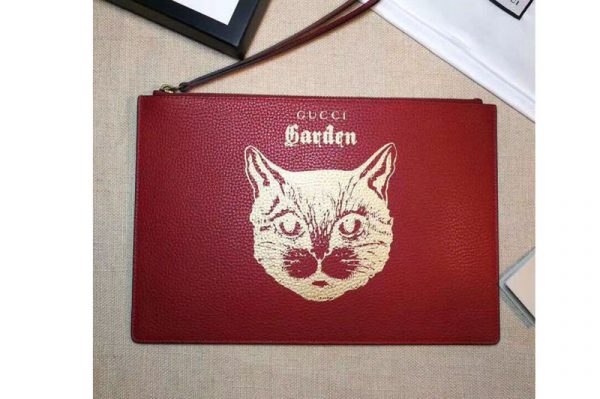 Replica Gucci Garden Cat Print Calfskin Pouch 516928 Red