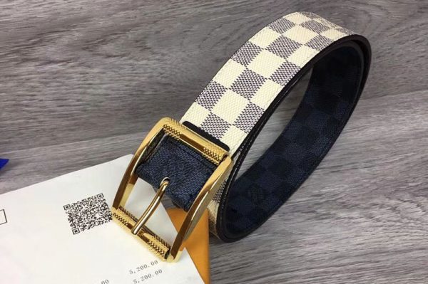 Replica Louis Vuitton M0040Q LV Reverso 40mm Reversible Mens Belt Damier Azur And Damier Graphite Canvas Gold Buckle