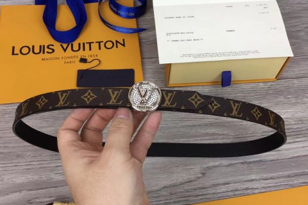 Replica Louis Vuitton M0053U Womens LV Circle 20mm Reversible Belt Monogram Canvas Silver Diamond Buckle