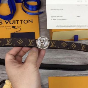 Replica Louis Vuitton M0081U Womens LV Circle 20mm Reversible Belt Monogram Canvas Silver Diamond Buckle