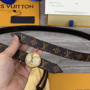 Replica Louis Vuitton M0081U Womens LV Circle 20mm Reversible Belt Monogram Canvas Gold Diamond Buckle