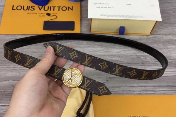 Replica Louis Vuitton M0081U Womens LV Circle 20mm Reversible Belt Monogram Canvas Gold Diamond Buckle