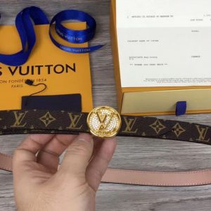 Replica Louis Vuitton M0083U Womens LV Circle 20mm Reversible Belt Monogram Canvas Gold Diamond Buckle