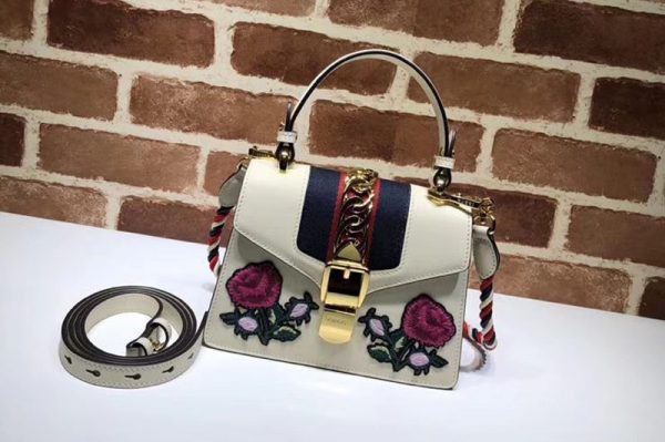 Replica Gucci Sylvie Embroider Leather mini Bag 470270 White