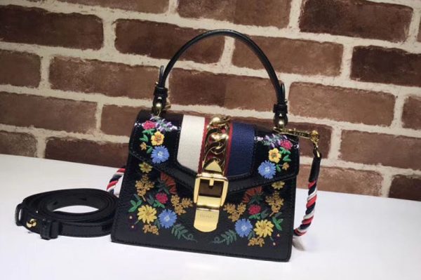 Replica Gucci Sylvie Embroidered Mini Bag Black 470270