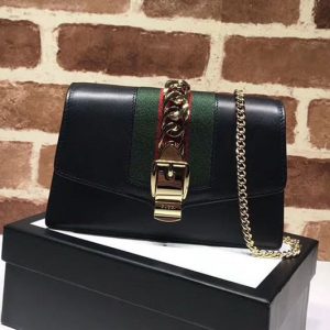 Replica Gucci Sylvie Web Leather Mini Chain Bag 494646 Black