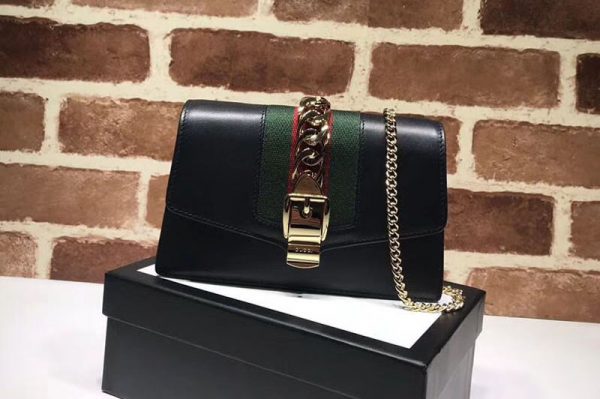 Replica Gucci Sylvie Web Leather Mini Chain Bag 494646 Black