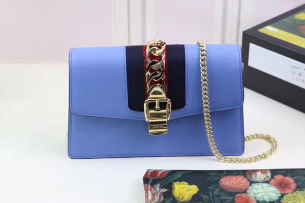 Replica Gucci Sylvie Web Leather Mini Chain Bag 494646 Blue