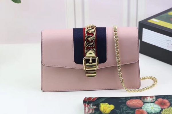 Replica Gucci Sylvie Web Leather Mini Chain Bag 494646 Pink