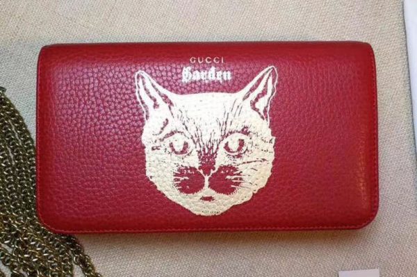 Replica Gucci 521552 Original Calf leather Mini cross-body clutch With Cat Red