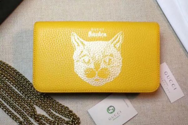 Replica Gucci 521552 Original Calf leather Mini cross-body clutch With Cat Yellow