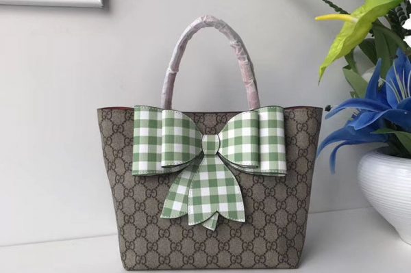 Replica Gucci 501804 Childrens GG Supreme Check Bow Tote Bags Green/White