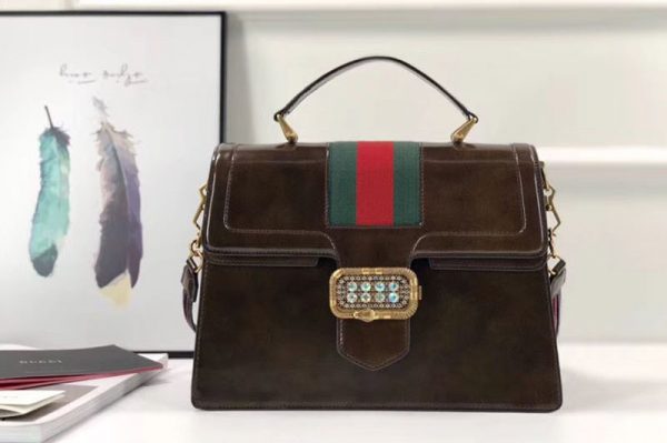 Replica Gucci 513138 Leather Medium Shiny Brown Leather top handle bags