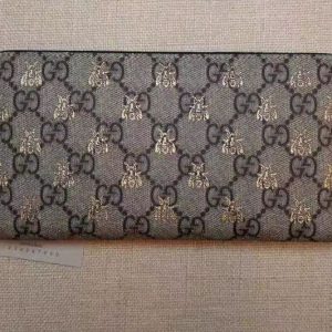 Replica Gucci GG Supreme With Black Original Leather Bees Zip Around Wallet