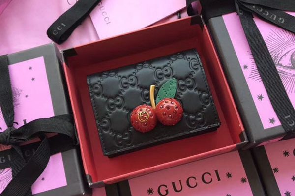 Replica Gucci Signature card case with cherries 476050 Black