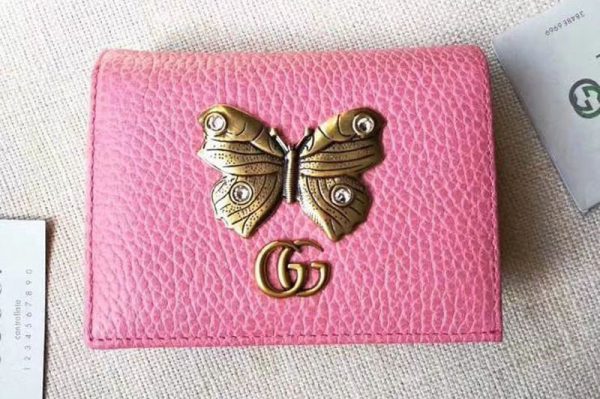 Replica Gucci 499361 Leather Card Case with Butterfly ‎Pink