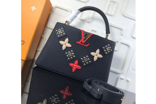 Replica Louis Vuitton M51384 LV Monogram Flowers Taurillon Leather Capucines PM Bags Black