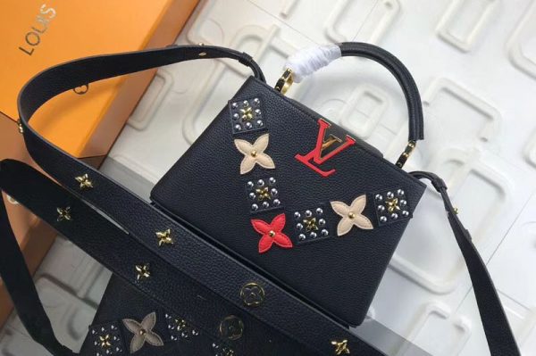 Replica Louis Vuitton M94519 LV Monogram Flowers Taurillon Leather Capucines BB Bags Black