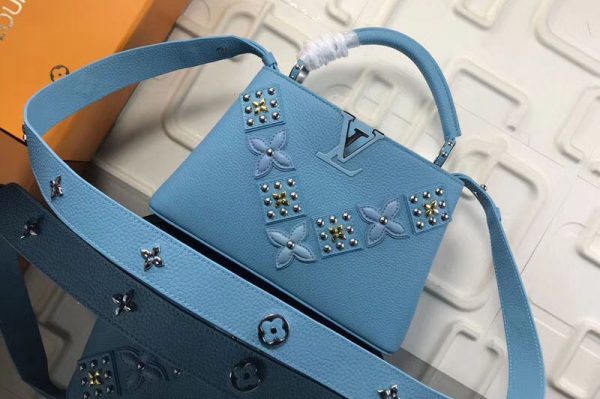 Replica Louis Vuitton M94519 LV Monogram Flowers Taurillon Leather Capucines BB Bags Blue