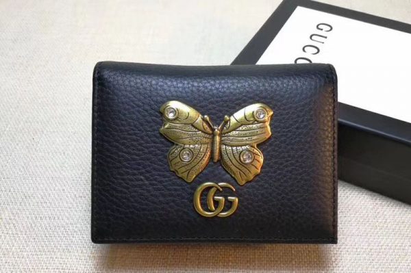 Replica Gucci 499361 Leather card case with butterfly Black